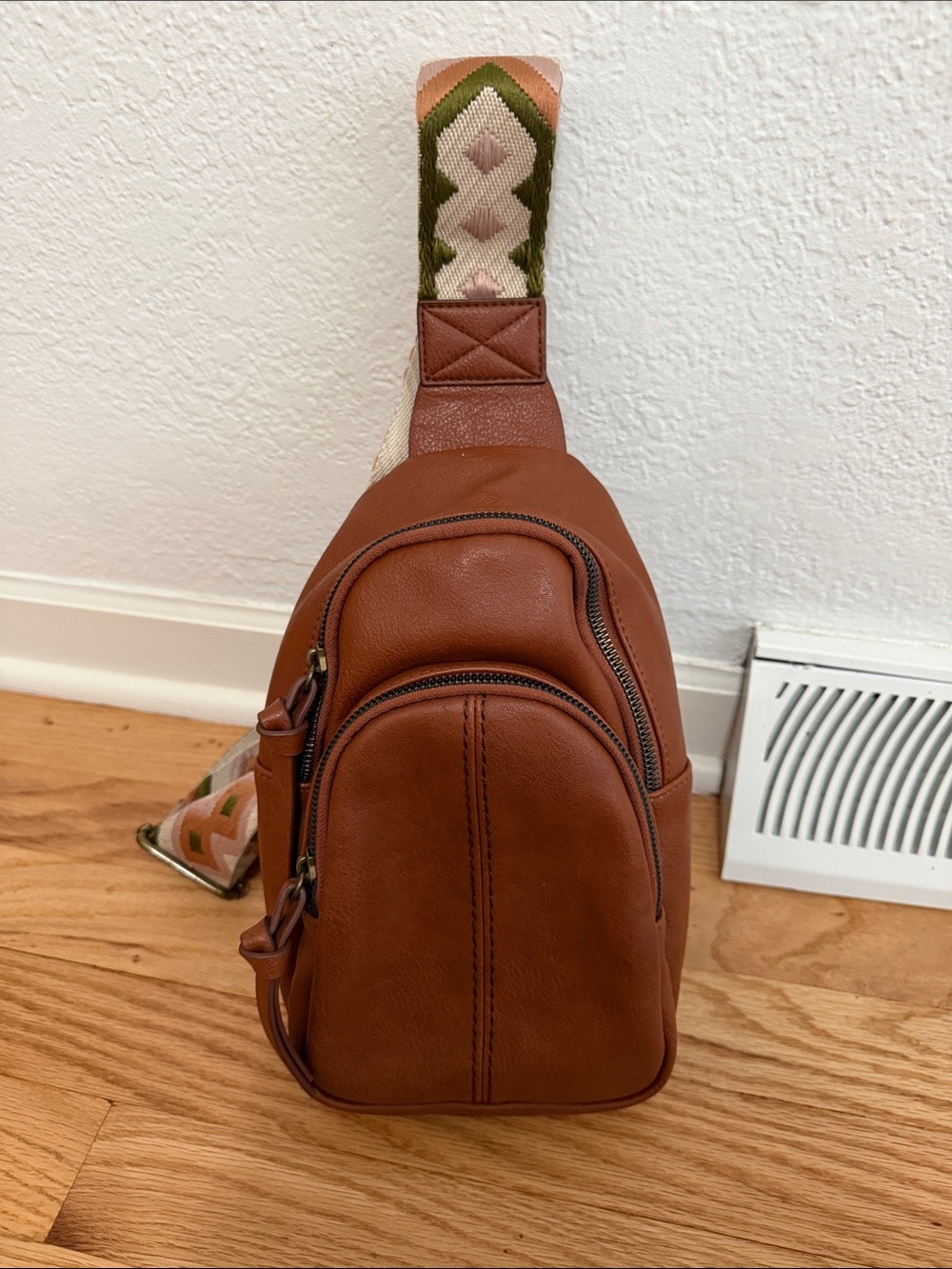 Kohls Somona Brown Leather Sling Bag with Patterned Strap
